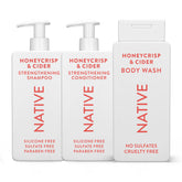 Native shampoo bottle pour shows Honey Crisp & Cider fragrance for a refreshing cleanse.