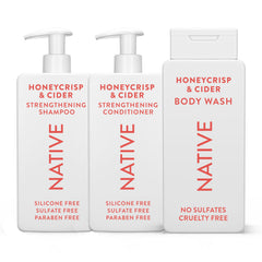 Native shampoo bottle pour shows Honey Crisp & Cider fragrance for a refreshing cleanse.