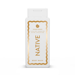 Native Sugar Cookie body wash bottle closeup showing fragrance and moisturizing properties.
