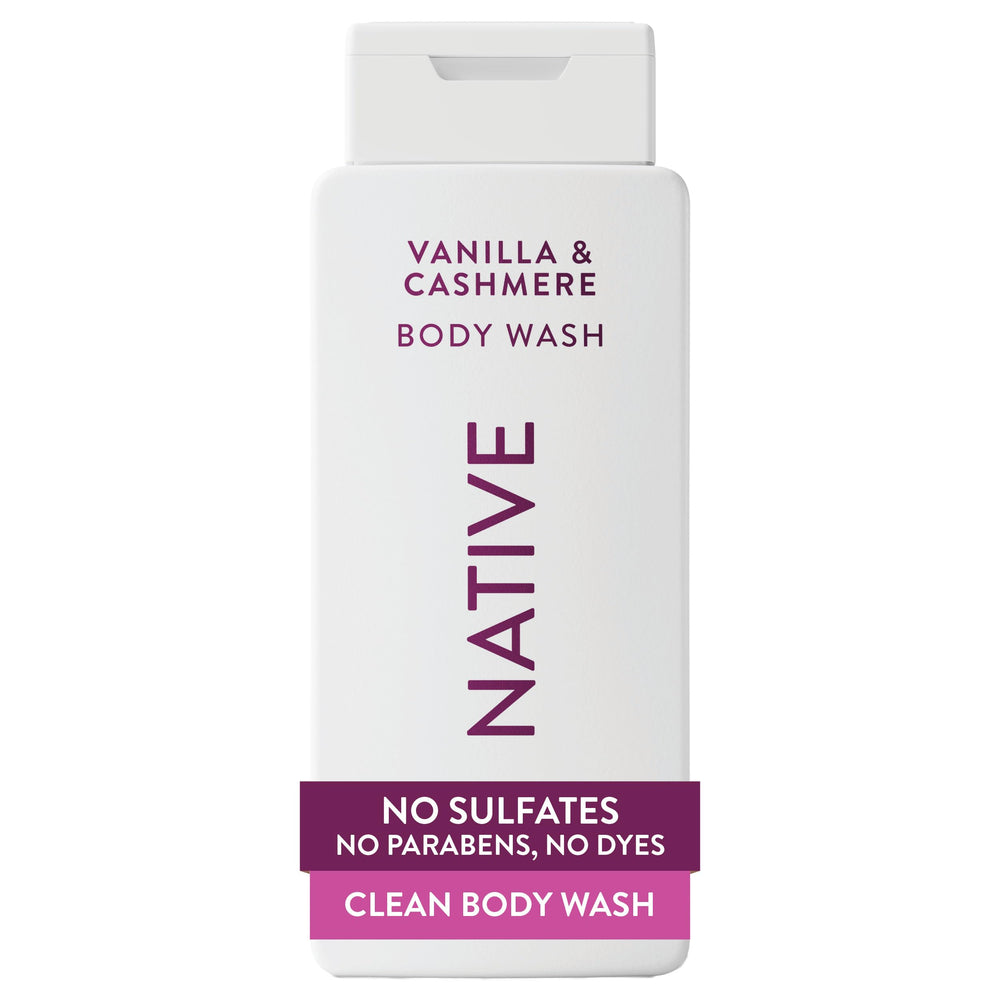 Native Vanilla & Cashmere Body Wash: botella vertiendo crema suave para ducha
