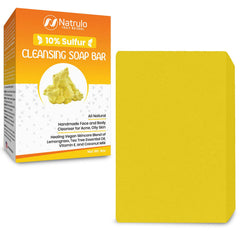 Natrulo 10% sulfur soap bar closeup for acne-prone skin cleansing