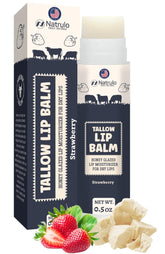 Bálsamo labial Natrulo con grasa de res y fresa para hidratación.