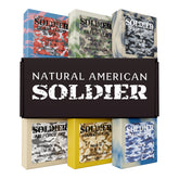 Natural American Soldier packaging box highlights premium ingredients for clean, nourished skin.