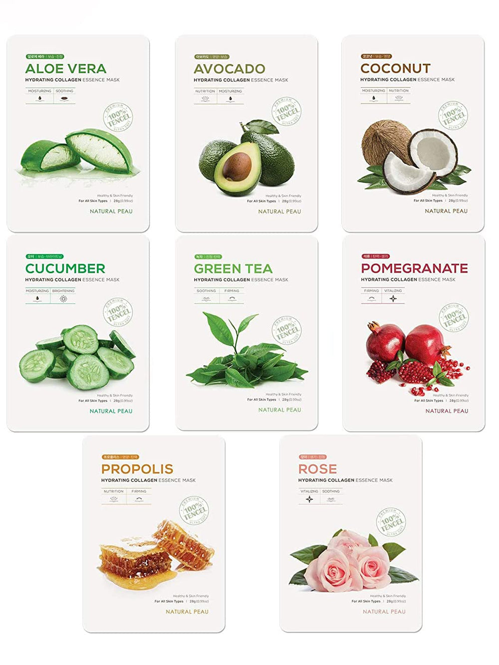 Natural Peau Hydrating Collagen Mask eight-pack display for all skin types