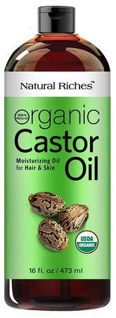 Natural Riches Aceite de Ricino orgánico prensado en frío, envase ámbar para conservar la calidad.