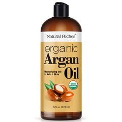 Natural Riches argan oil bottle for hair nourishment and deep conditioning.