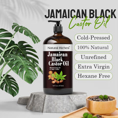 Natural Riches Jamaican Black Castor Oil nourishes hair with essential nutrients.