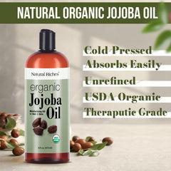Natural Riches Jojoba Oil ingredients label highlights hexane-free, pure carrier oil.