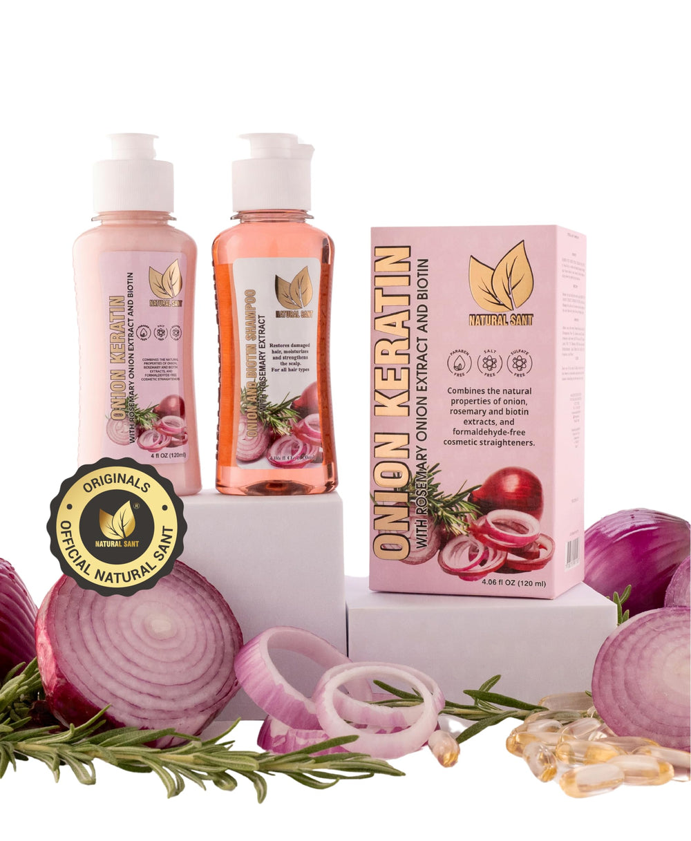 Natural Sant cebolla-keratina DuoBox: botella lista para uso, alisado suave y brillo.