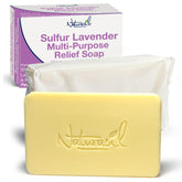 Naturasil sulfur soap bar with lavender on a bathroom counter for gentle cleansing.