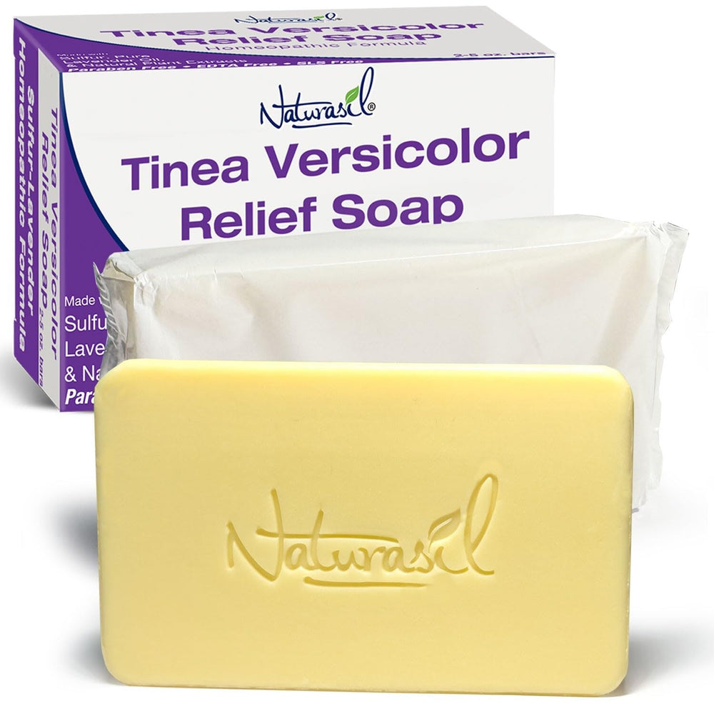 Naturasil Tinea Versicolor soap bar front view, highlighting the two-pack for gentle antifungal care.