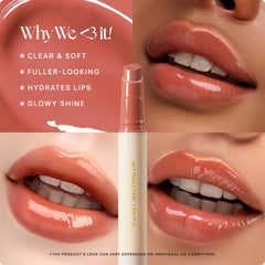 Extracto de miel y Shine Oil Complex nutren e hidratan los labios.
