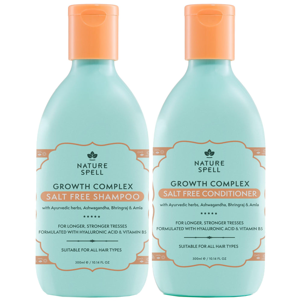 Nature Spell Growth Complex Shampoo bottle view showing balanced scalp care