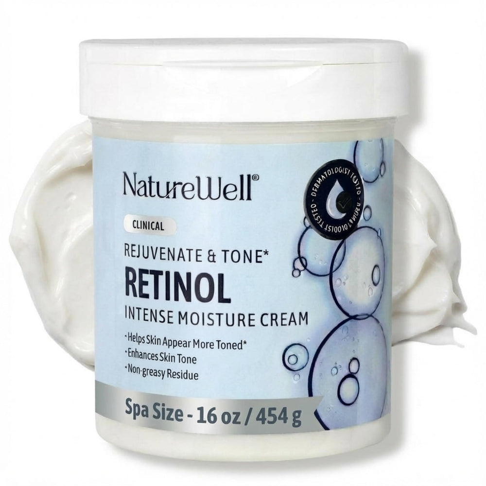 Nature Well crema retinol 16oz en frasco, hidratación profunda para rostro y cuerpo.