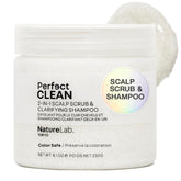 NatureLab.TOKYO Perfect Clean Scalp Scrub bottle shows 2-in-1 cleansing and exfoliation.