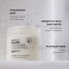 Sugar crystals gently exfoliate at the scalp in NatureLab.TOKYO product.
