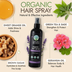 Aplicación del spray capilar Nature's Brands sobre peinado para acabado profesional
