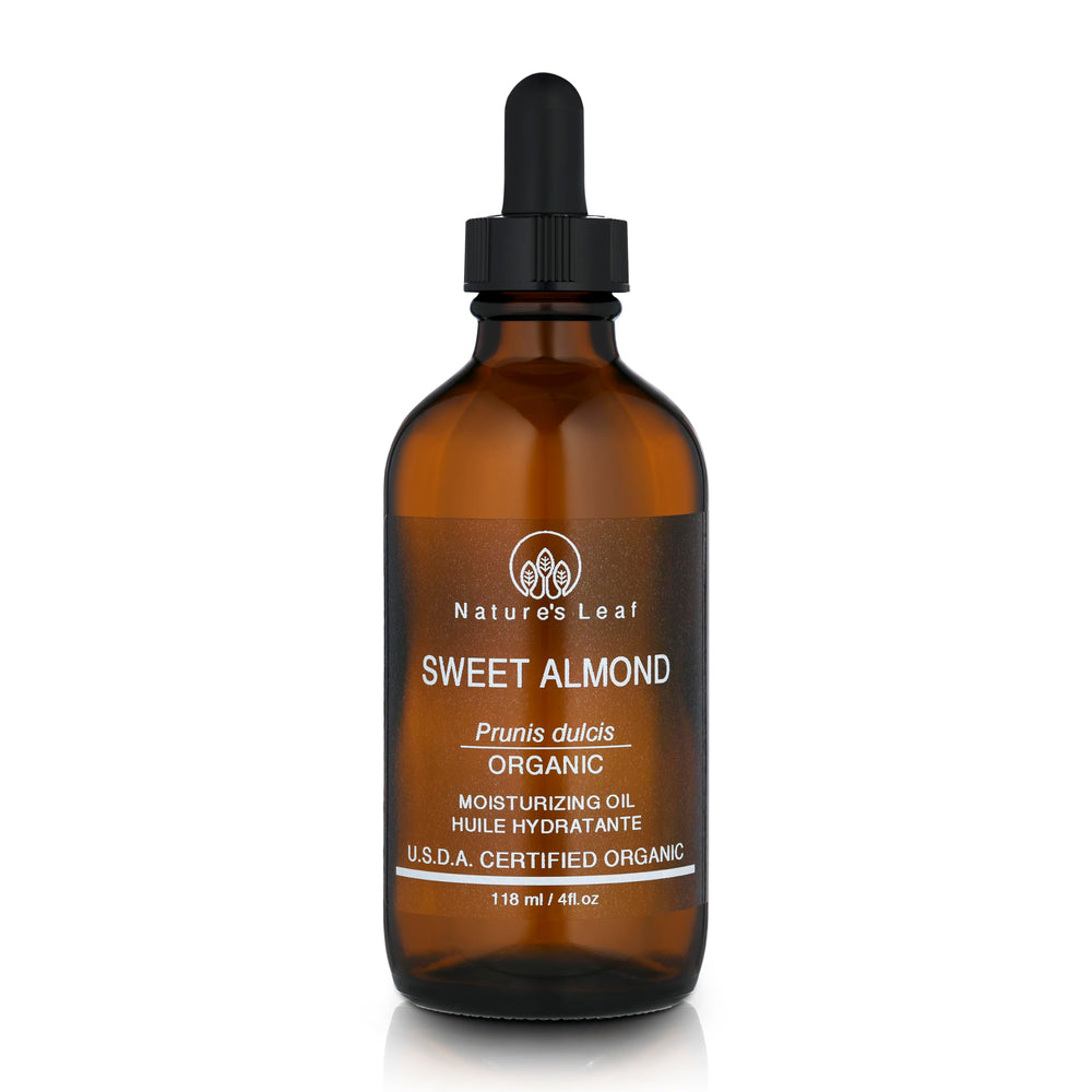 Natures Leaf Sweet Almond Oil bottle on a clean surface, promoting gentle skin and hair nourishment
