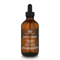 Natures Leaf Sweet Almond Oil bottle on a clean surface, promoting gentle skin and hair nourishment