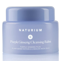 Naturium Ginseng Púrpura, botella del bálsamo limpiador para maquillaje y SPF.