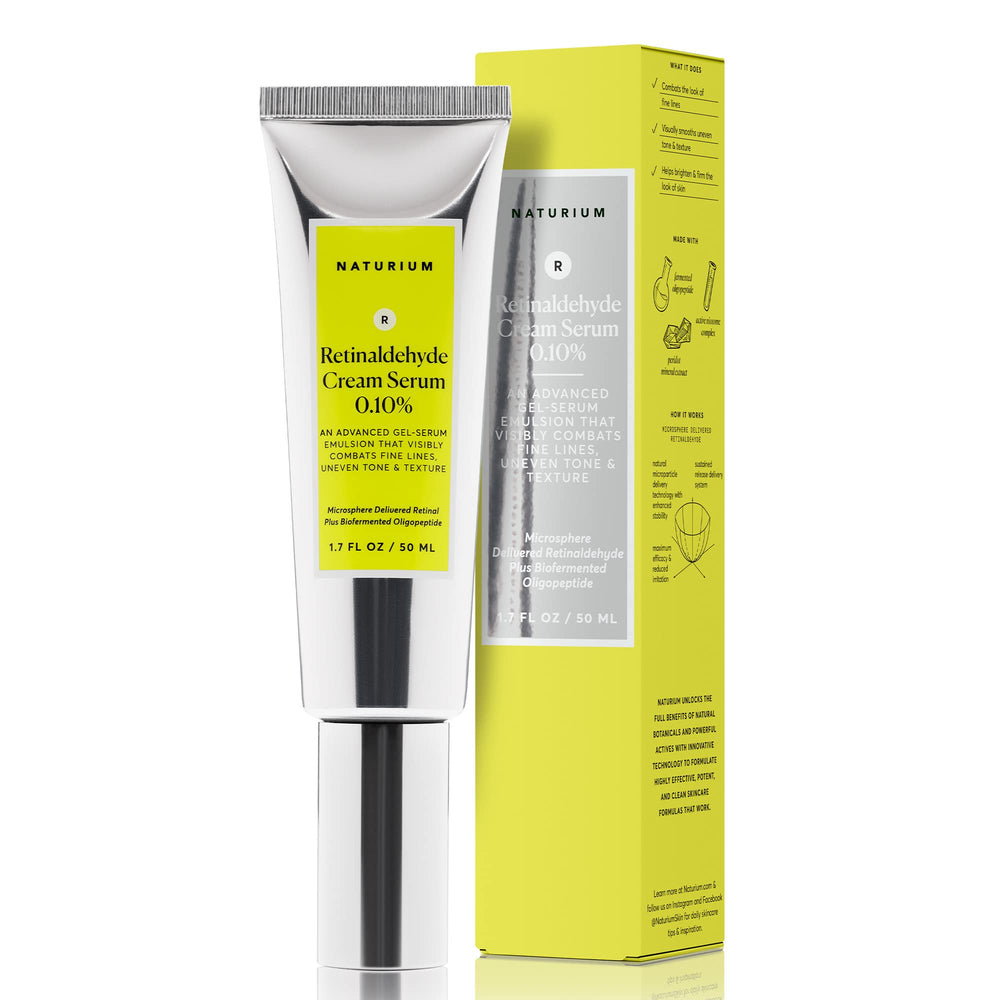 Naturium retinaldehyde cream serum 0.10% bottle pour improves texture and radiance