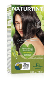 Naturtint 3N Dark Chestnut bottle showing plant-based color formula for lasting shade.