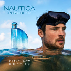 Nautica Pure Blue packaging box emphasizes sustainable, minimal packaging.