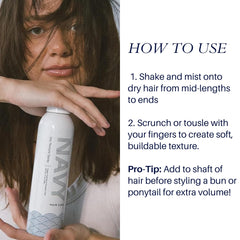 Navy Hair Care Navy Dry Texture Spray application demonstrates easy, buildable styling