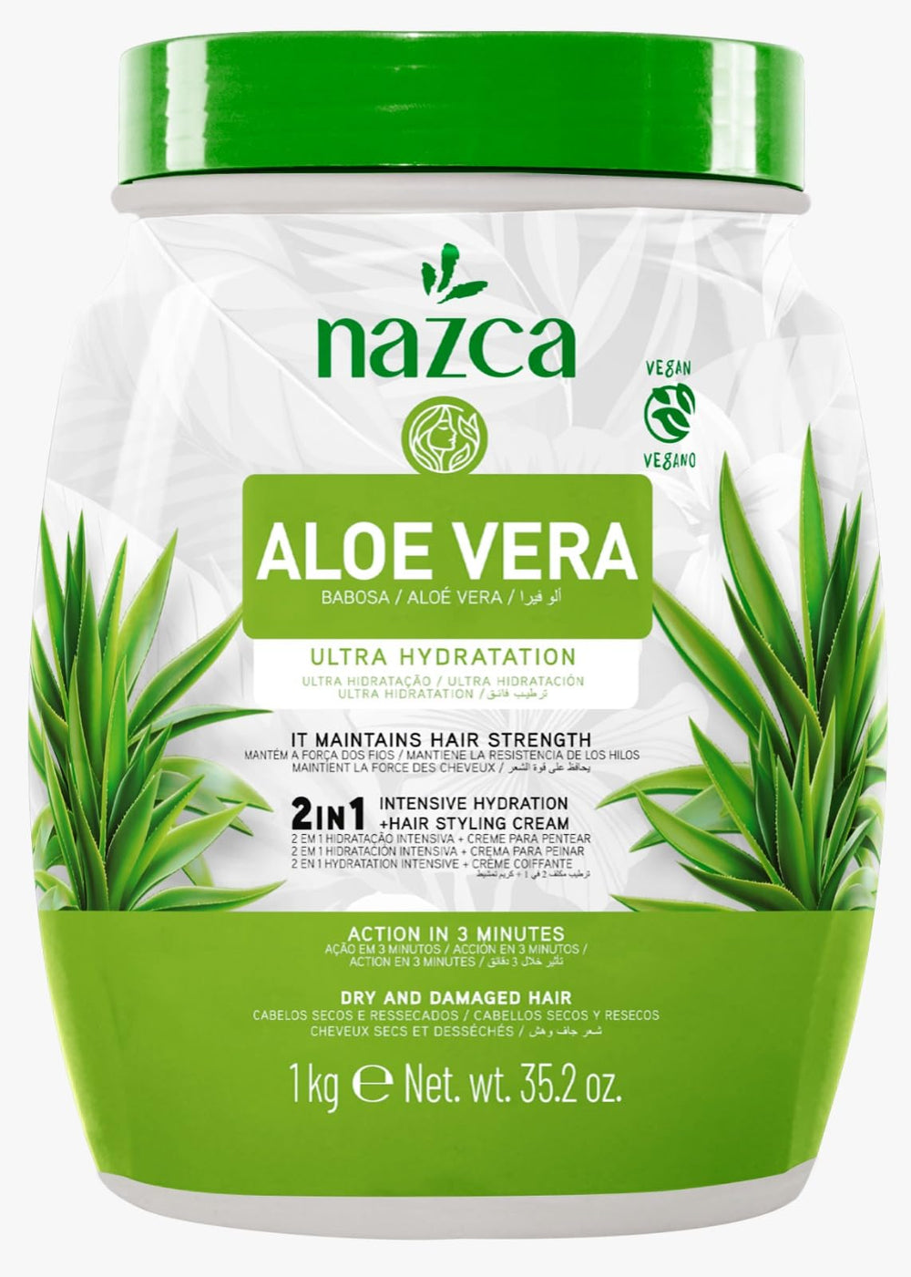 Nazca Aloe Vera 2-en-1, bote jumbo, hidratación profunda y brillo suave para todo tipo de cabello.