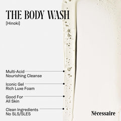 Nécessaire Hinoki fragrance notes highlight cedar and floral essences.