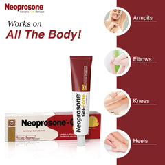 Neoprosone gel shown on knees and armpits for even tone and moisturized skin.