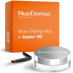 NueDerma Brow Seal en botella con aceite de ricino para definición duradera.