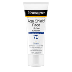 Etiqueta SPF 70 de Neutrogena Age Shield, protección amplia para la piel.
