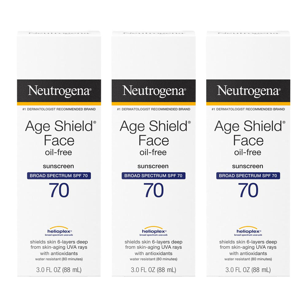 Neutrogena Age Shield SPF 70 bottle front for daily sun protection and broad spectrum defense.