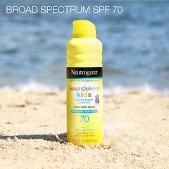 Packaging box displaying Neutrogena Beach Defense Kids sunscreen for beach days.
