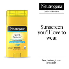 Neutrogena Beach Defense Sunscreen Stick SPF 50 close-up highlights lightweight non-greasy formula