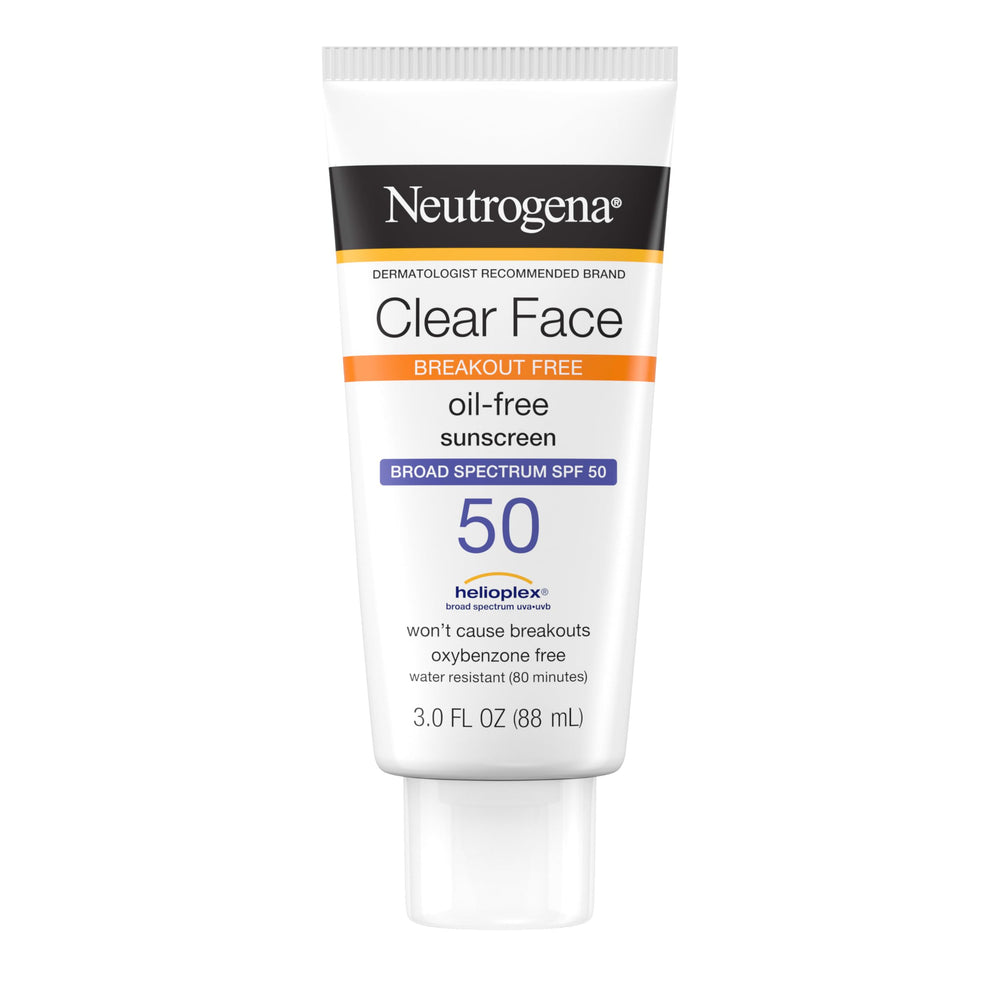 Protector solar Neutrogena Clear Face, bote, protección SPF 50 sin grasa para piel grasa.