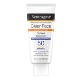 Protector solar Neutrogena Clear Face, bote, protección SPF 50 sin grasa para piel grasa.