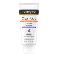 Protector solar Neutrogena Clear Face, bote, protección SPF 50 sin grasa para piel grasa.