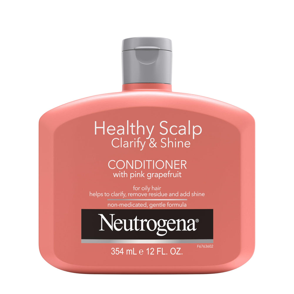 Neutrogena Exfoliating Healthy Scalp Clarify & Shine: botella en primer plano para cuero cabelludo limpio