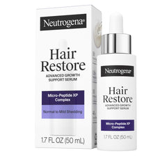 Neutrogena Hair Restore serum bottle pour highlighting micro-peptide XP delivery to revitalize roots