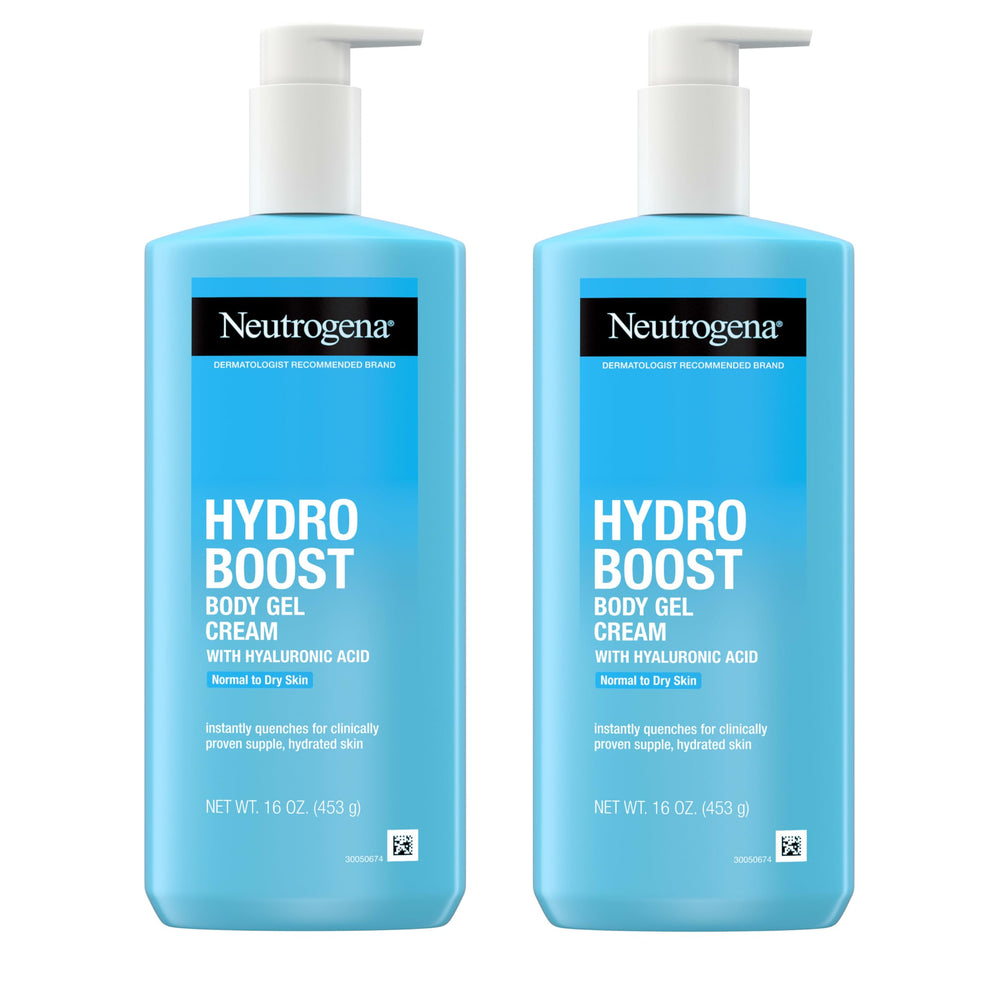 Neutrogena Hydro Boost body gel cream bottle showing fast-absorbing hydration for dry skin.