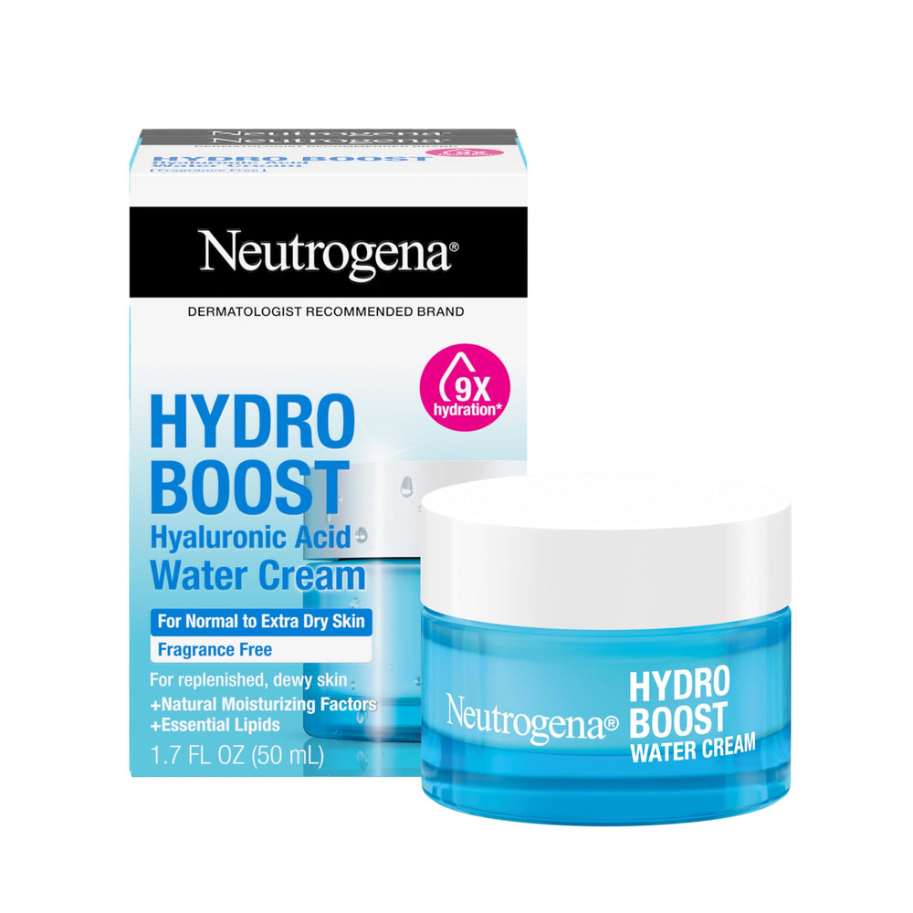 Neutrogena Hydro Boost water cream jar shown for fragrance-free hydration suitable for all skin types.