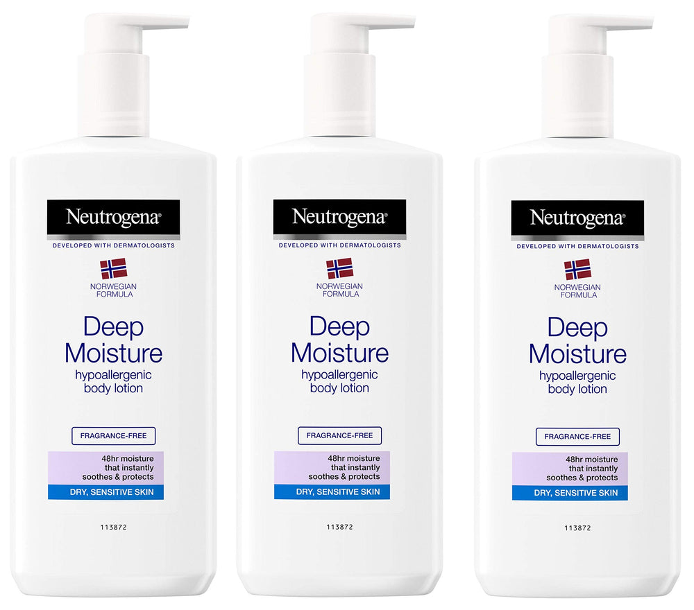 Neutrogena Deep Moisture bottle highlighting long-lasting hydration for dry skin.