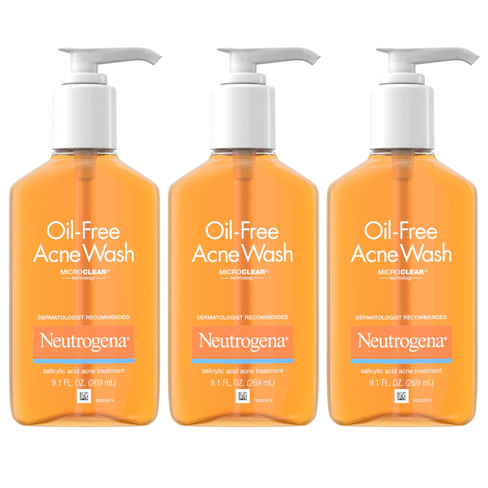 Neutrogena Oil-Free Acne Wash bottle front view illustrating oil-free, deep-clean formula.