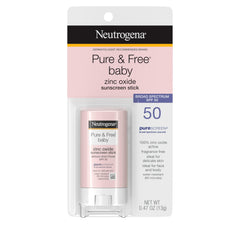 Neutrogena Pure & Free Baby sunscreen stick applied on baby's face for SPF 50 protection