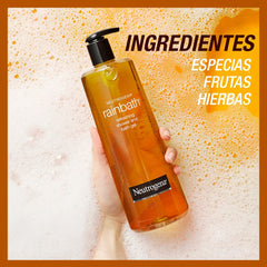 Fragrance label highlights spice, fruit, and herb notes on Rainbath.