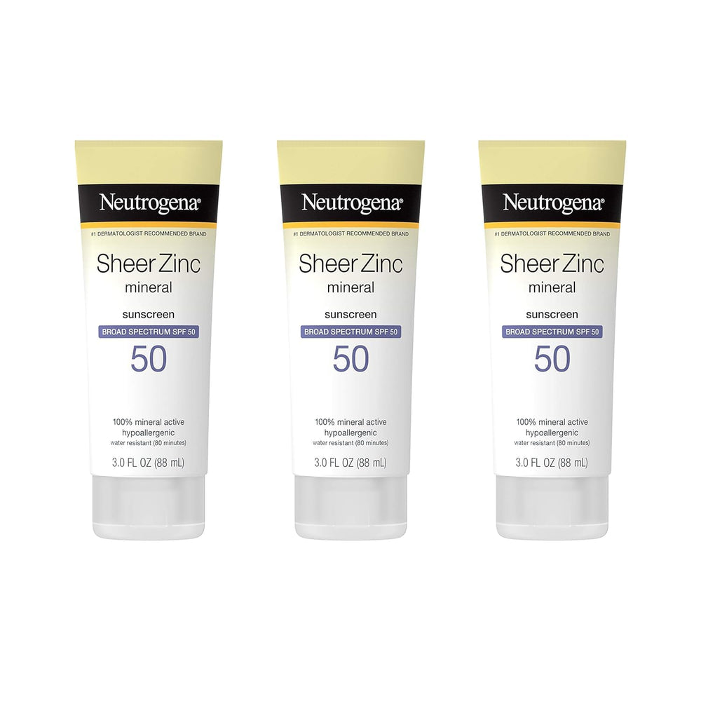 Neutrogena Sheer Zinc Dry-Touch Lotion SPF 50 for sensitive skin with non-greasy, water-resistant protection.