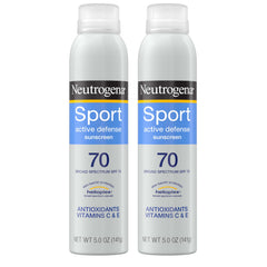 Neutrogena Sport Active Defense SPF 70 spray bottle front view for outdoor sun protection.