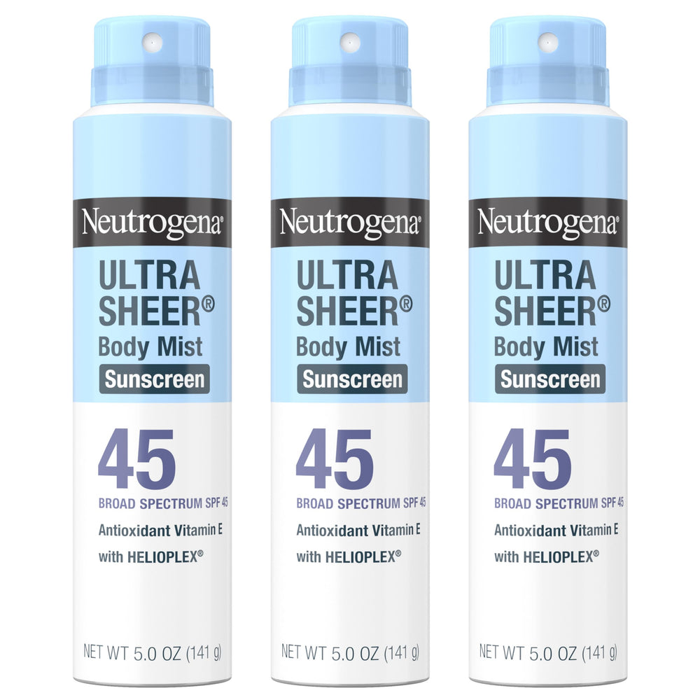 Neutrogena Ultra Sheer Body Mist bottle with SPF 45 for quick protection.